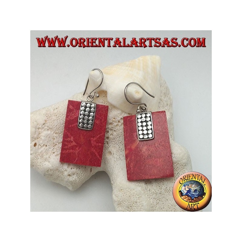 Silver earrings with rectangular madrepora red (coral) and plate of silver discs