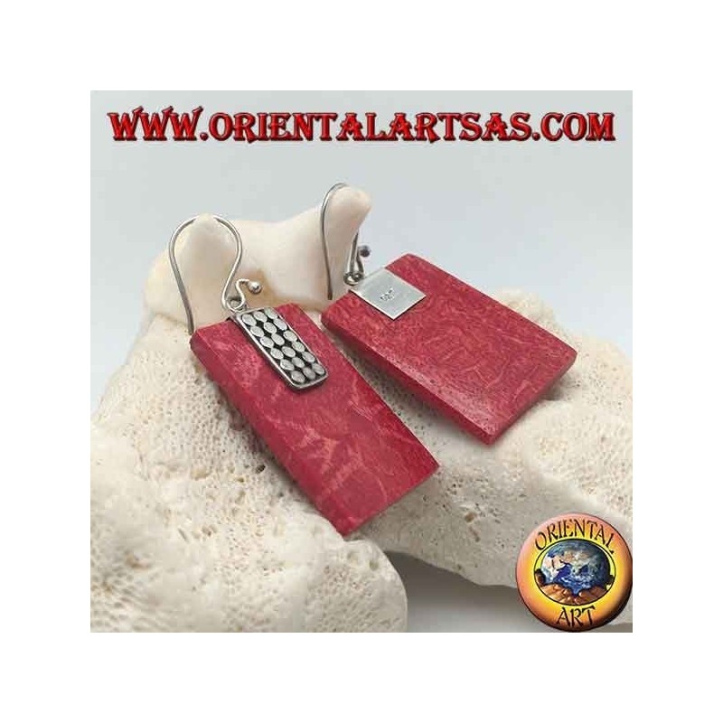 Silver earrings with rectangular madrepora red (coral) and plate of silver discs