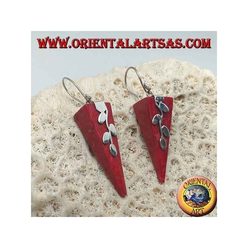 Orecchini in argento con madrepora rossa (corallo) a piramide rovesciata e ramoscello d'argento