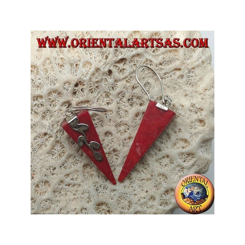 Silver earrings with inverted pyramid red coral (coral) and silver twig