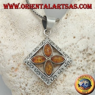 Silver cross pendant of 4 natural shuttle ambers in an engraved square