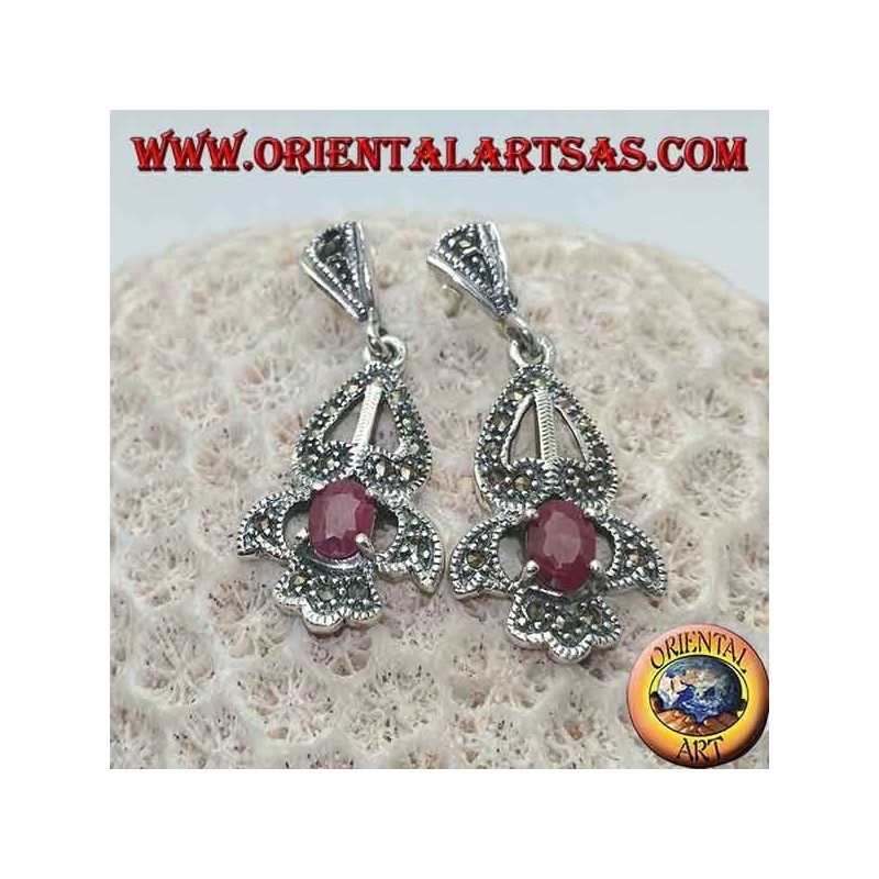 Silver earrings with natural oval ruby set on an elegant perforated frame studded with marcasite