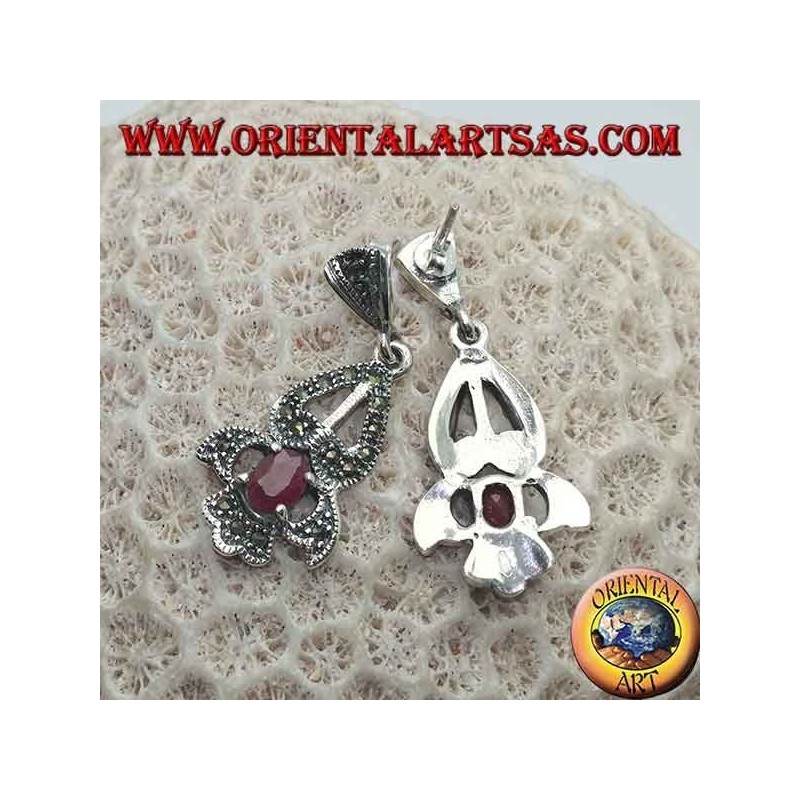 Silver earrings with natural oval ruby set on an elegant perforated frame studded with marcasite
