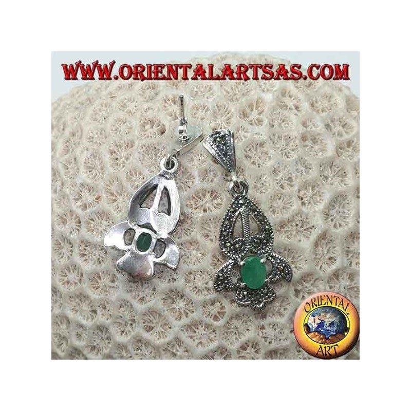 Silver earrings with natural oval emerald set on an elegant openwork frame studded with marcasite