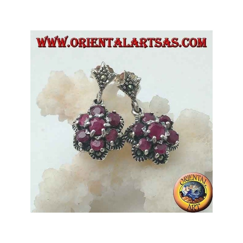 Boucles d'oreilles fleur de vie en argent (six pétales) avec rubis ronds naturels sertis de marcassite
