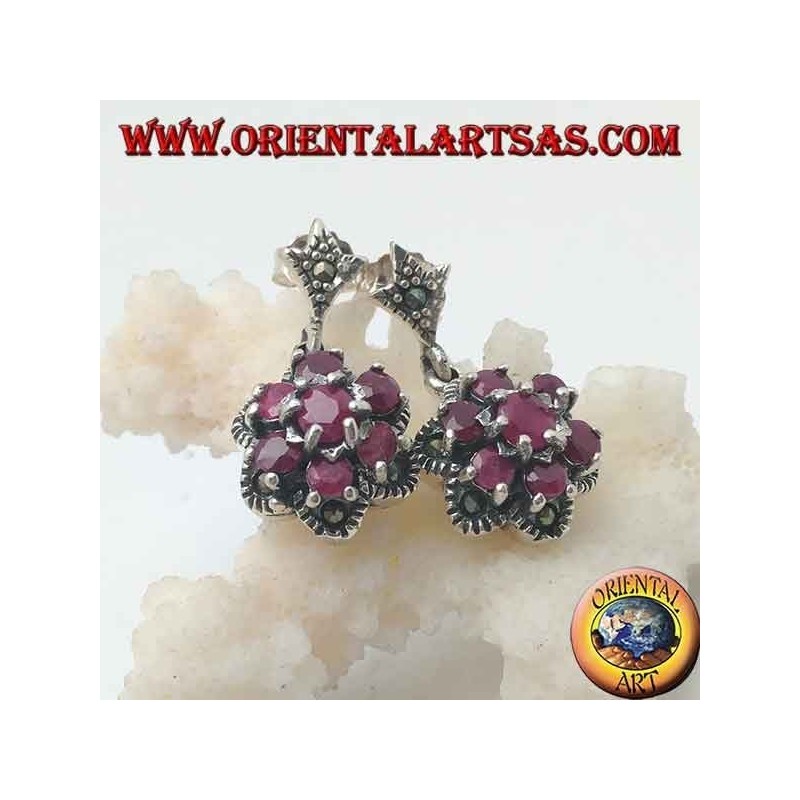 Boucles d'oreilles fleur de vie en argent (six pétales) avec rubis ronds naturels sertis de marcassite