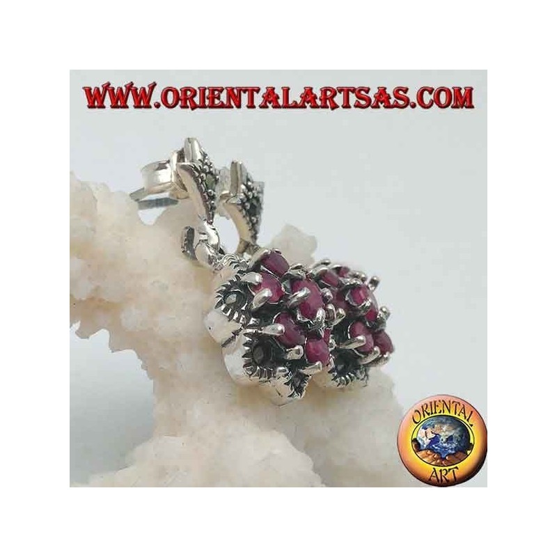 Silver flower of life earrings (six petals) with natural round rubies set surrounded by marcasite