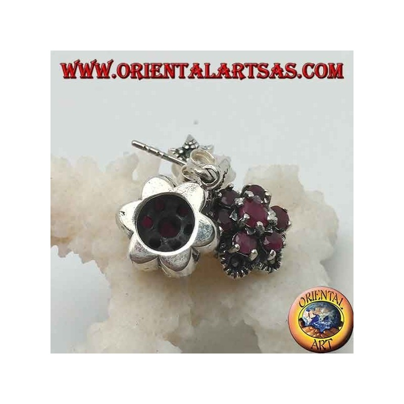 Silver flower of life earrings (six petals) with natural round rubies set surrounded by marcasite