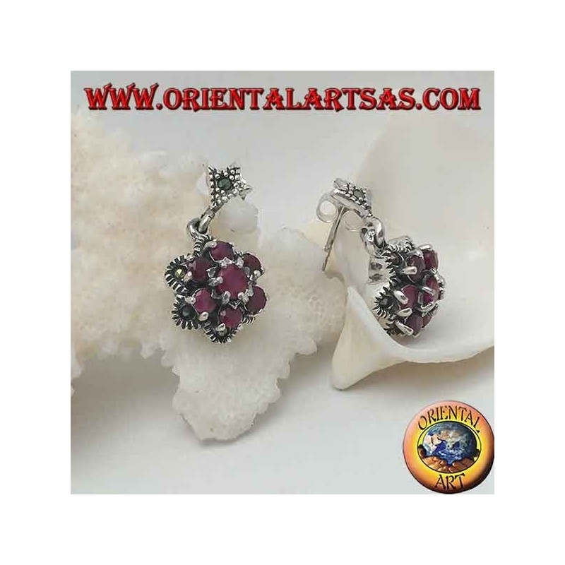 Boucles d'oreilles fleur de vie en argent (six pétales) avec rubis ronds naturels sertis de marcassite