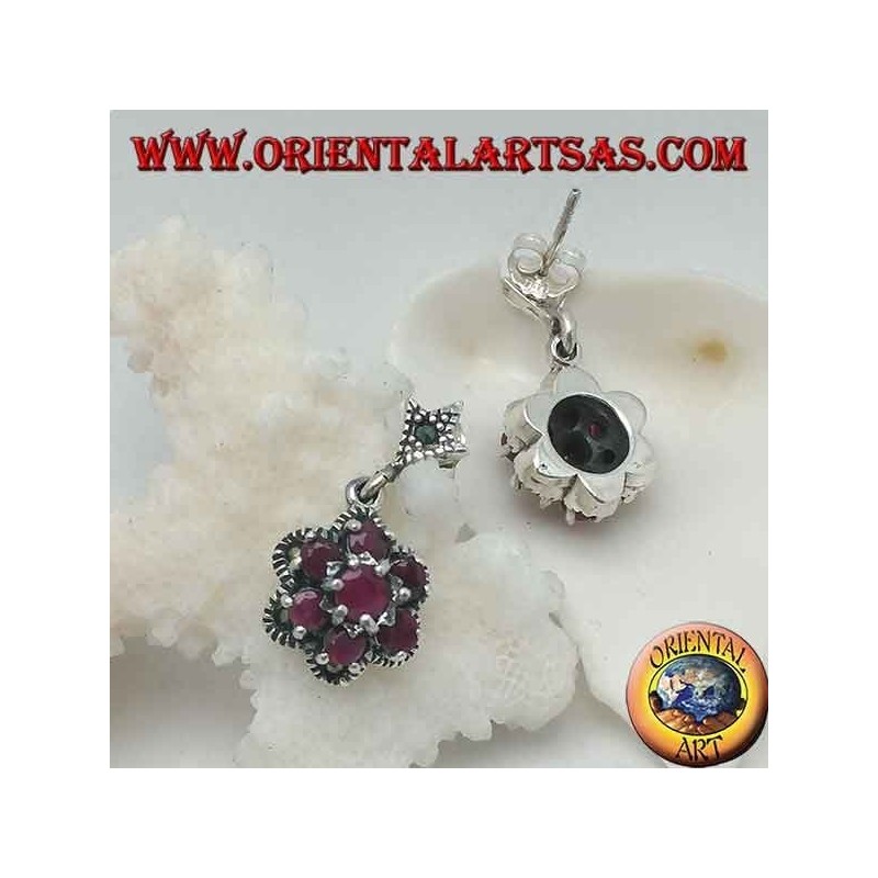 Orecchini in argento fiore della vita (a sei petali) con rubini tondi naturali incastonati contornati da marcassite