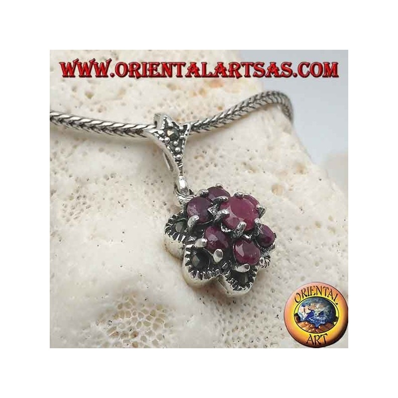 Silver flower of life pendant (six petals) with natural round rubies set surrounded by marcasite