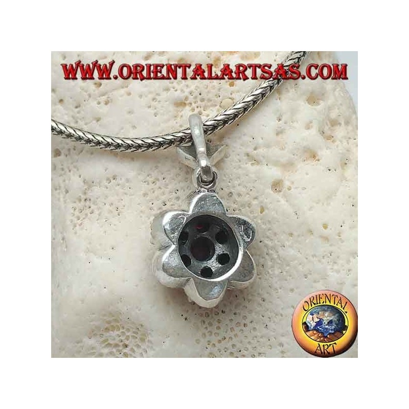 Pendentif fleur de vie en argent (six pétales) avec rubis ronds naturels sertis de marcassite