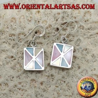 Rectangular silver earrings with various triangles of multicolor mother of pearl