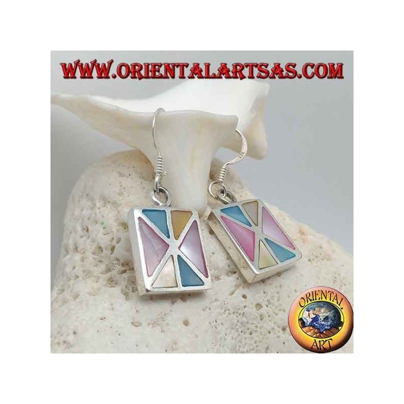 Rectangular silver earrings with various triangles of multicolor mother of pearl