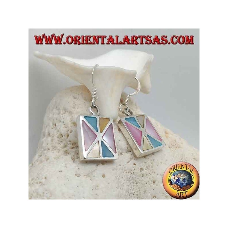 Rectangular silver earrings with various triangles of multicolor mother of pearl
