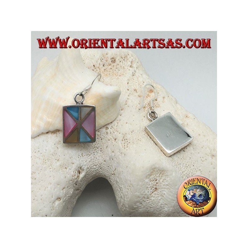 Rectangular silver earrings with various triangles of multicolor mother of pearl