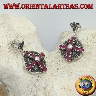 Boucles d'oreilles argent croix de rubis naturels sertie d'une boule au centre sur un cercle avec marcassites