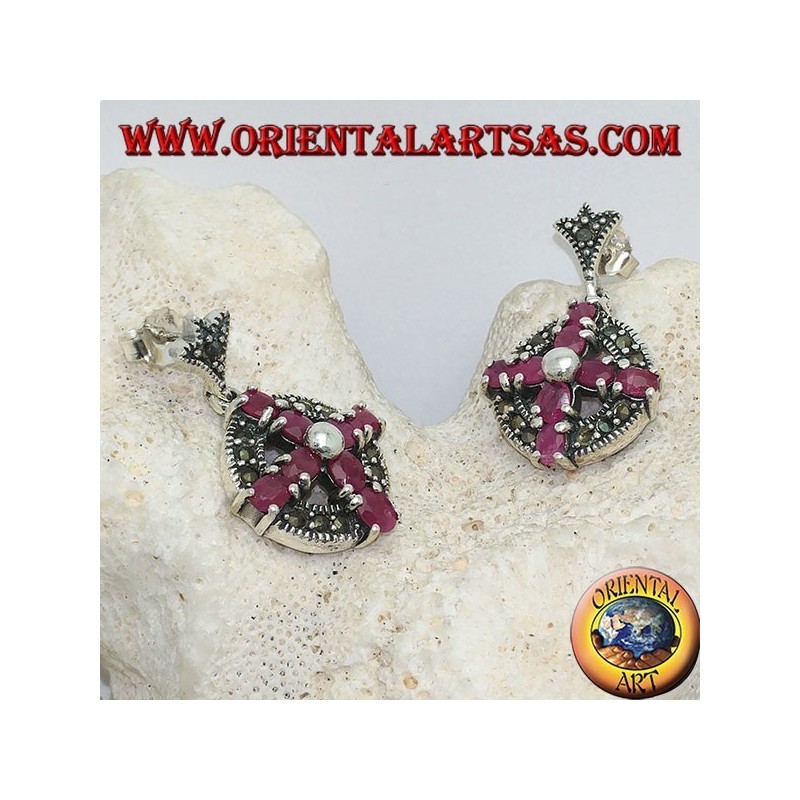 Boucles d'oreilles argent croix de rubis naturels sertie d'une boule au centre sur un cercle avec marcassites