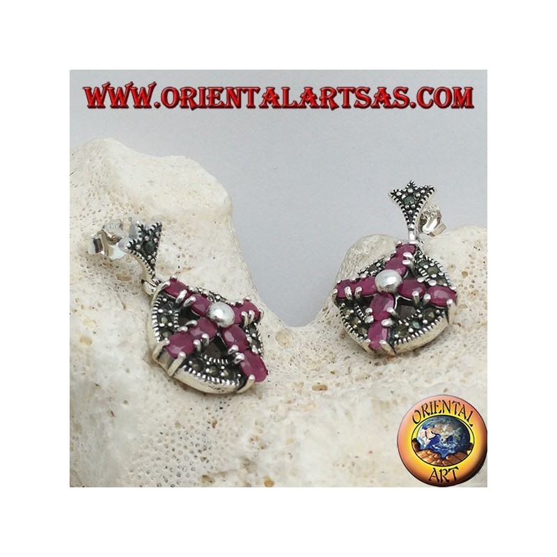 Silver earrings cross of natural rubies set with a ball in the center on a circle with marcasites