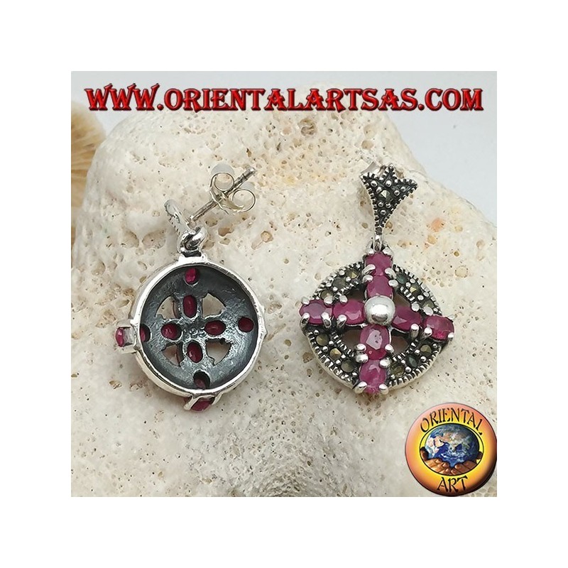 Silver earrings cross of natural rubies set with a ball in the center on a circle with marcasites