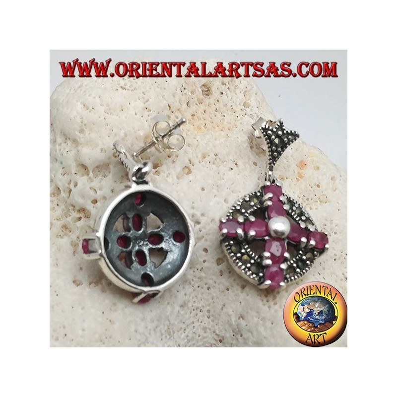 Silver earrings cross of natural rubies set with a ball in the center on a circle with marcasites