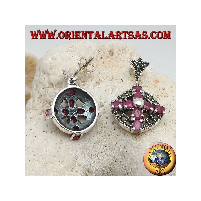 Boucles d'oreilles argent croix de rubis naturels sertie d'une boule au centre sur un cercle avec marcassites