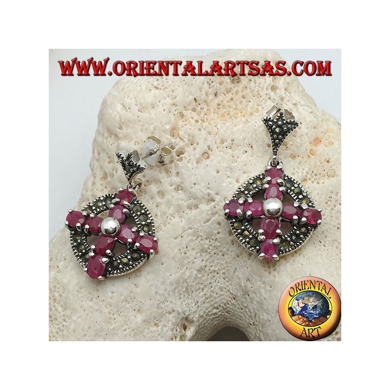 Boucles d'oreilles argent croix de rubis naturels sertie d'une boule au centre sur un cercle avec marcassites