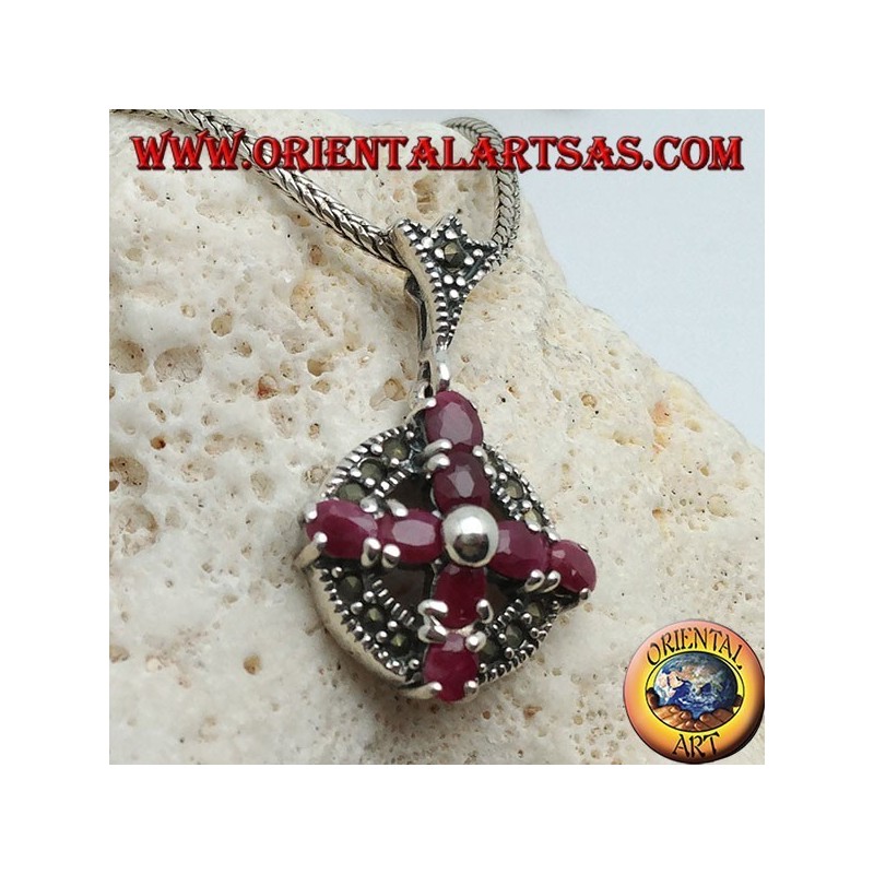 Silver pendant cross of natural rubies set with a ball in the center on a circle with marcasites