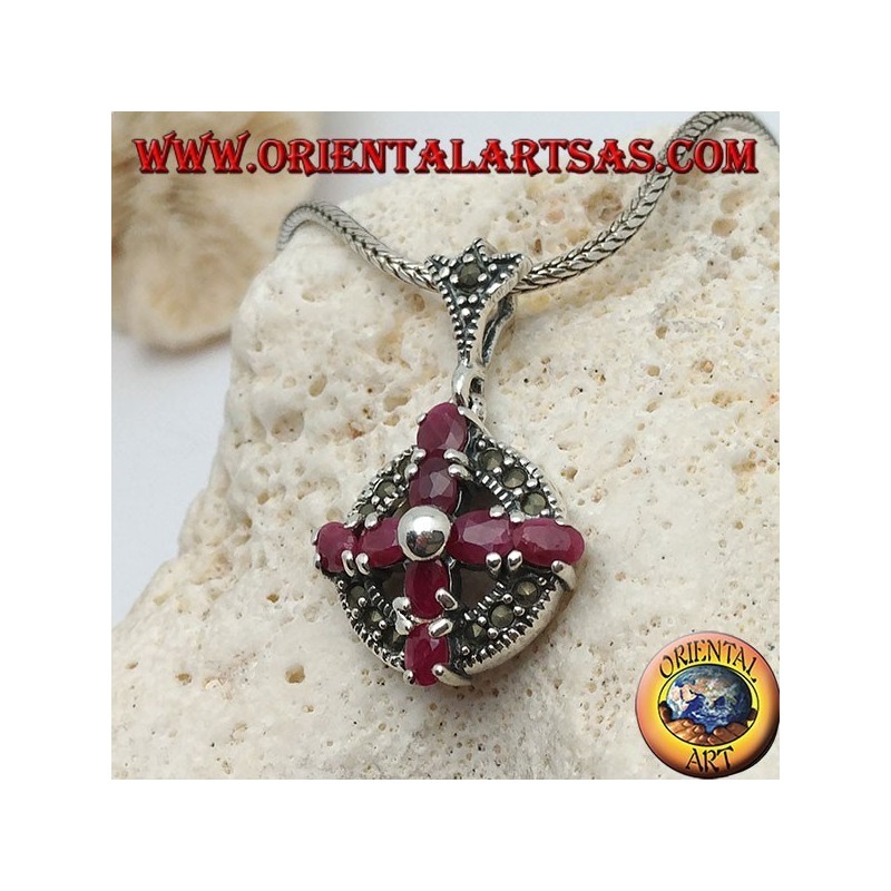 Silver pendant cross of natural rubies set with a ball in the center on a circle with marcasites