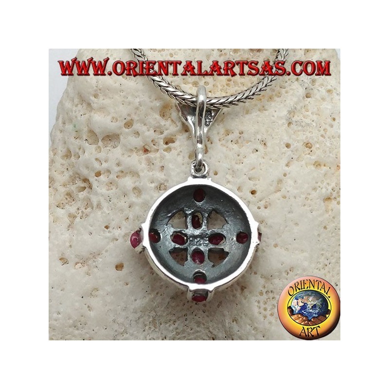 Silver pendant cross of natural rubies set with a ball in the center on a circle with marcasites
