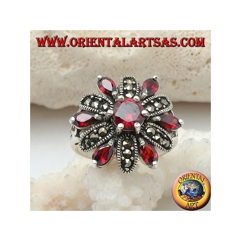 Silver flower ring with 12 petals of garnets set and alternating marcasite and central round garnet