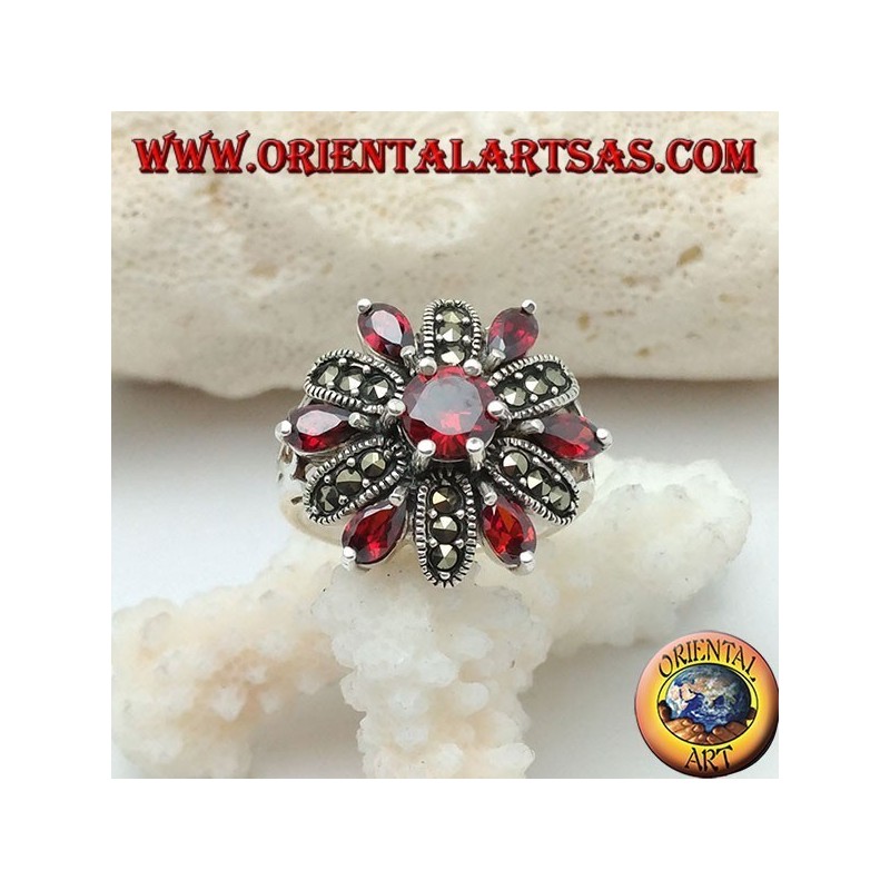 Silver flower ring with 12 petals of garnets set and alternating marcasite and central round garnet