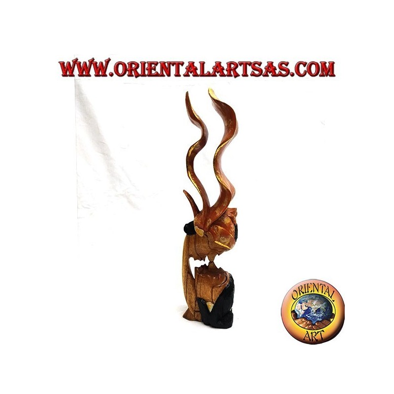 Scultura del bacio tra due amanti orientali con velo di profilo in legno di suar da 35 cm (dipinta, arancio)