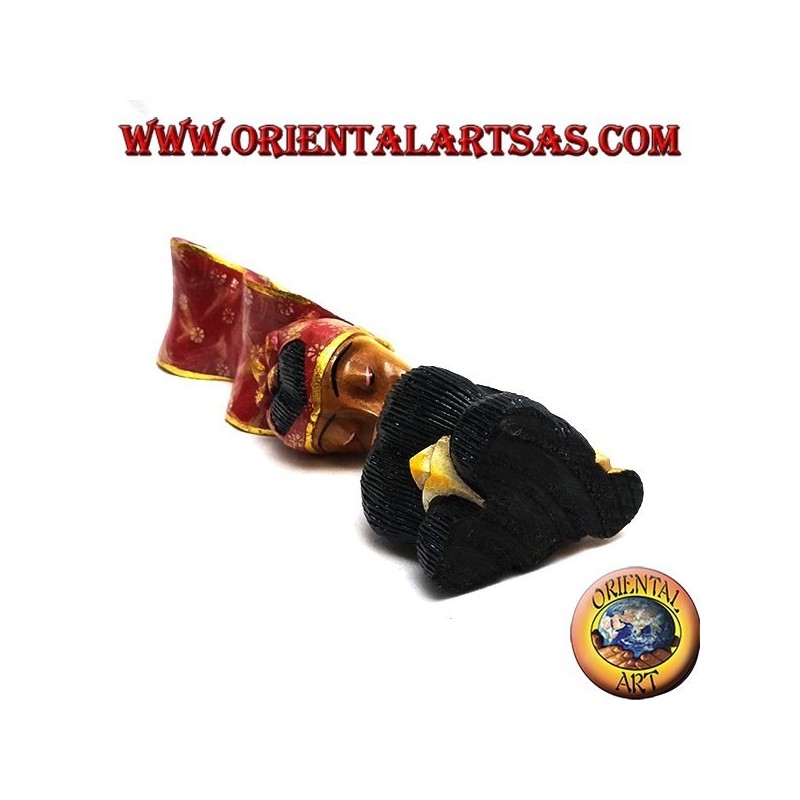 Sculpture du baiser entre deux amoureux orientaux avec un voile de profil en bois de suar de 35 cm (peint, rouge)