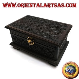 Casket box with rhombus floral inlays in ebony wood and brass closure (large)