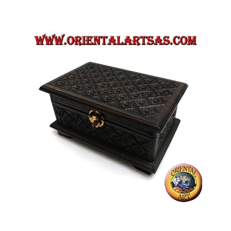 Casket box with rhombus floral inlays in ebony wood and brass closure (large)