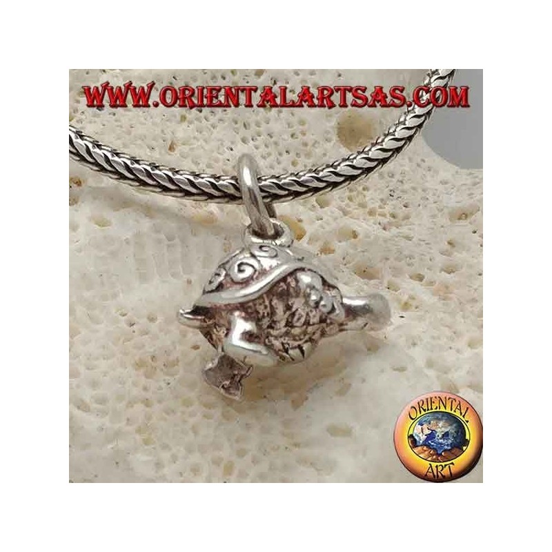 Small three-dimensional turtle silver pendant with spirals on the shell
