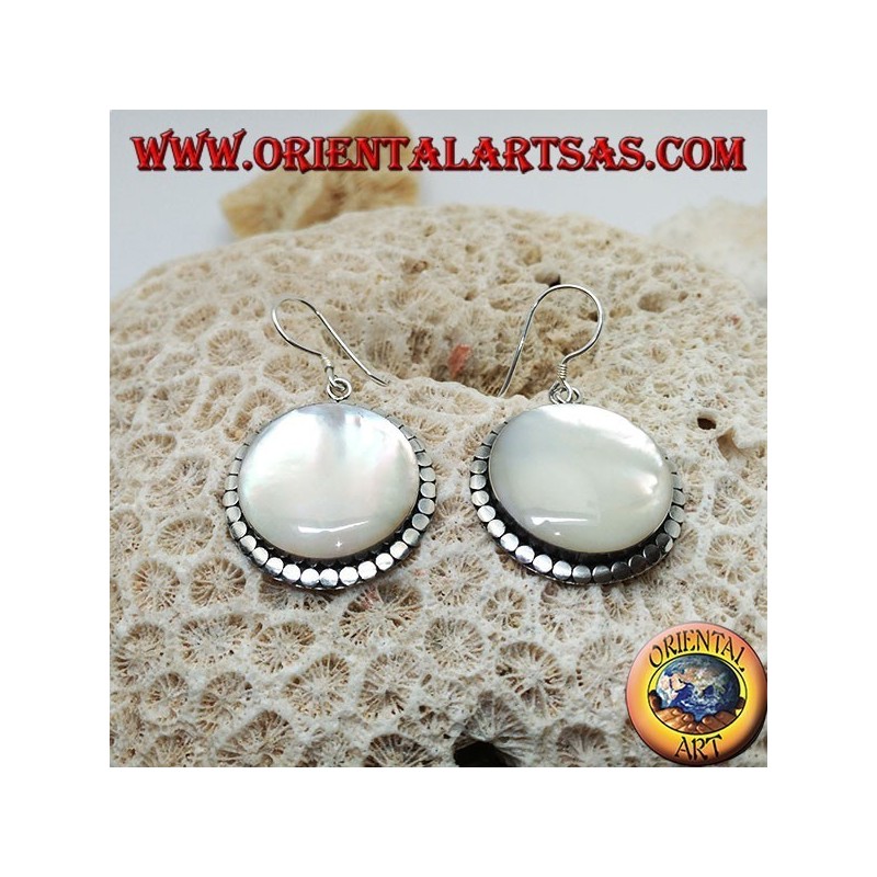Silver earrings with large round mother-of-pearl surrounded by discs