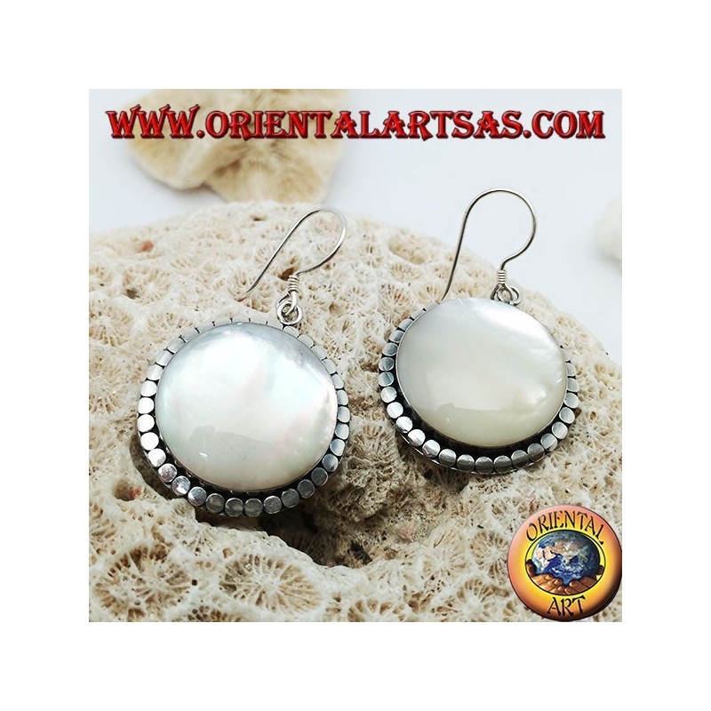 Silver earrings with large round mother-of-pearl surrounded by discs