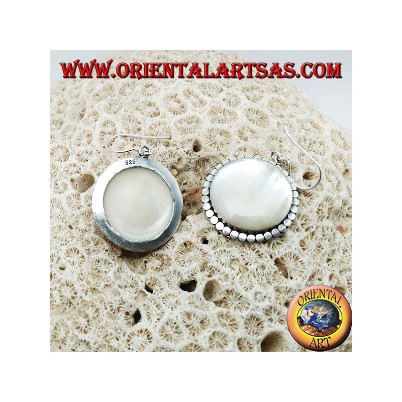 Silver earrings with large round mother-of-pearl surrounded by discs