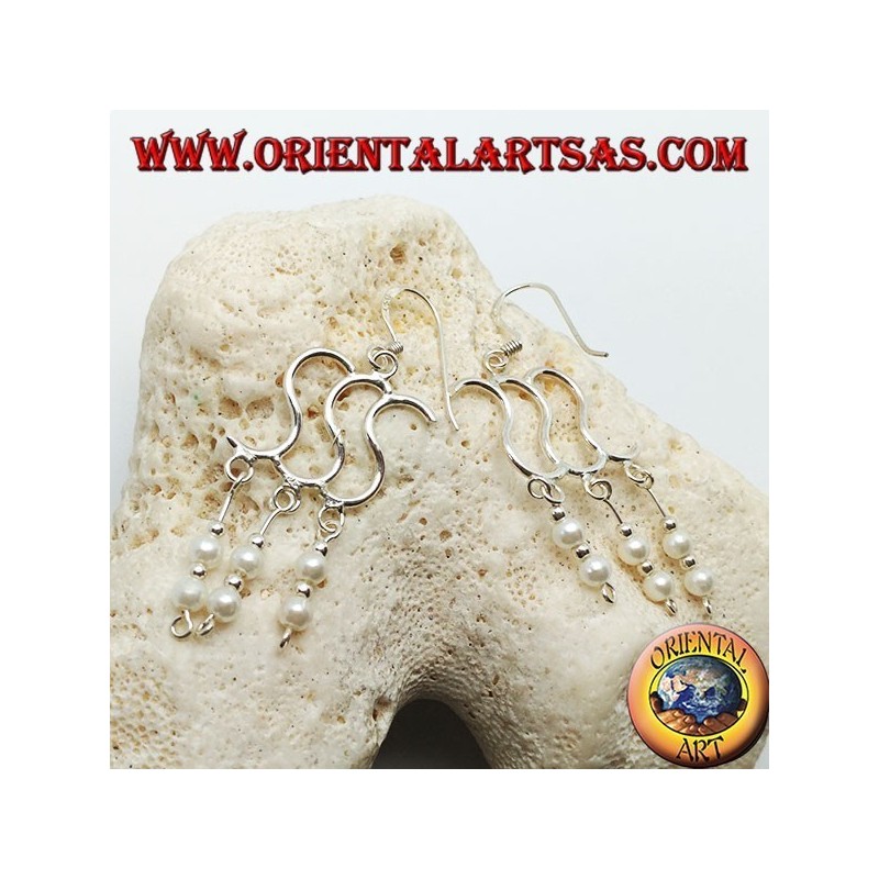 Silver earrings with triple S with double bead and alternating pendant ball