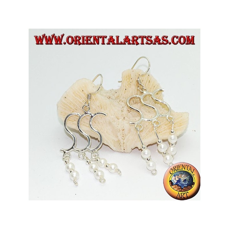 Boucles d'oreilles en argent avec triple S avec double perle et boule pendante alternée