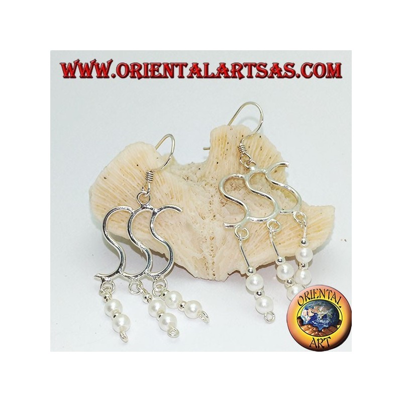 Boucles d'oreilles en argent avec triple S avec double perle et boule pendante alternée