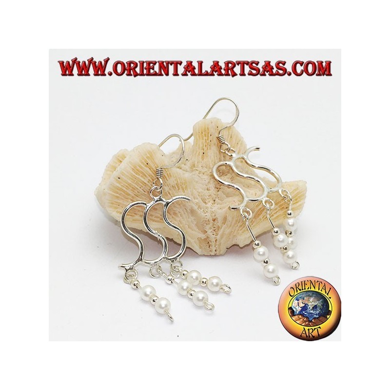 Silver earrings with triple S with double bead and alternating pendant ball
