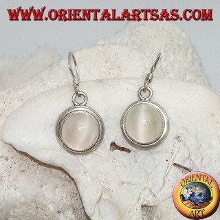 Silver earrings with round moonstone cabochon on a smooth two-line mount