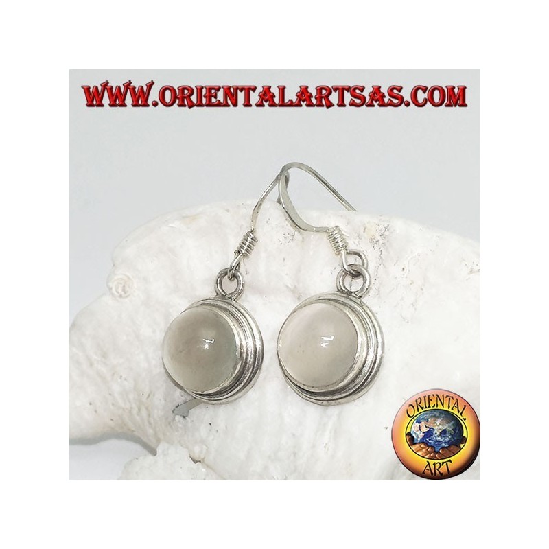 Boucles d'oreilles en argent avec cabochon rond en pierre de lune sur monture lisse à deux lignes
