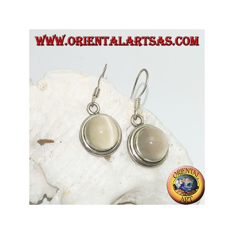 Boucles d'oreilles en argent avec cabochon rond en pierre de lune sur monture lisse à deux lignes
