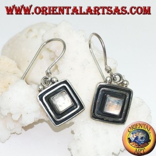 Silver earrings with square rainbow moonstone surrounded by a double raised frame