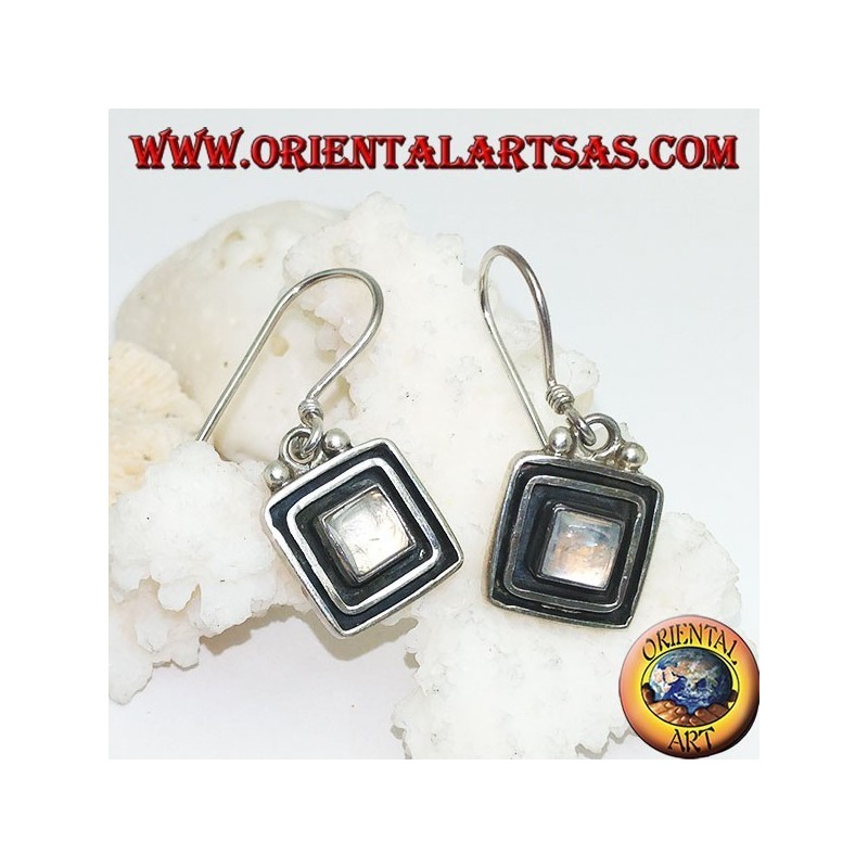 Silver earrings with square rainbow moonstone surrounded by a double raised frame