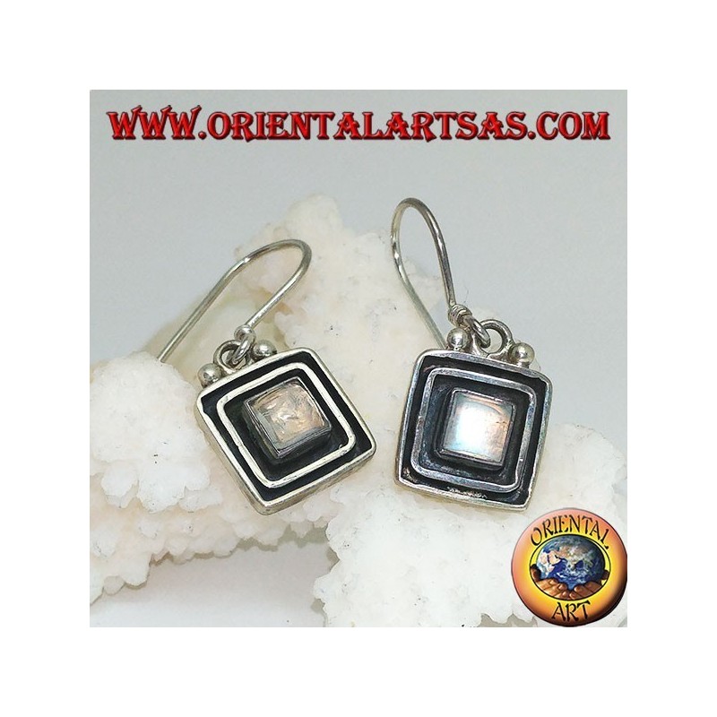 Silver earrings with square rainbow moonstone surrounded by a double raised frame